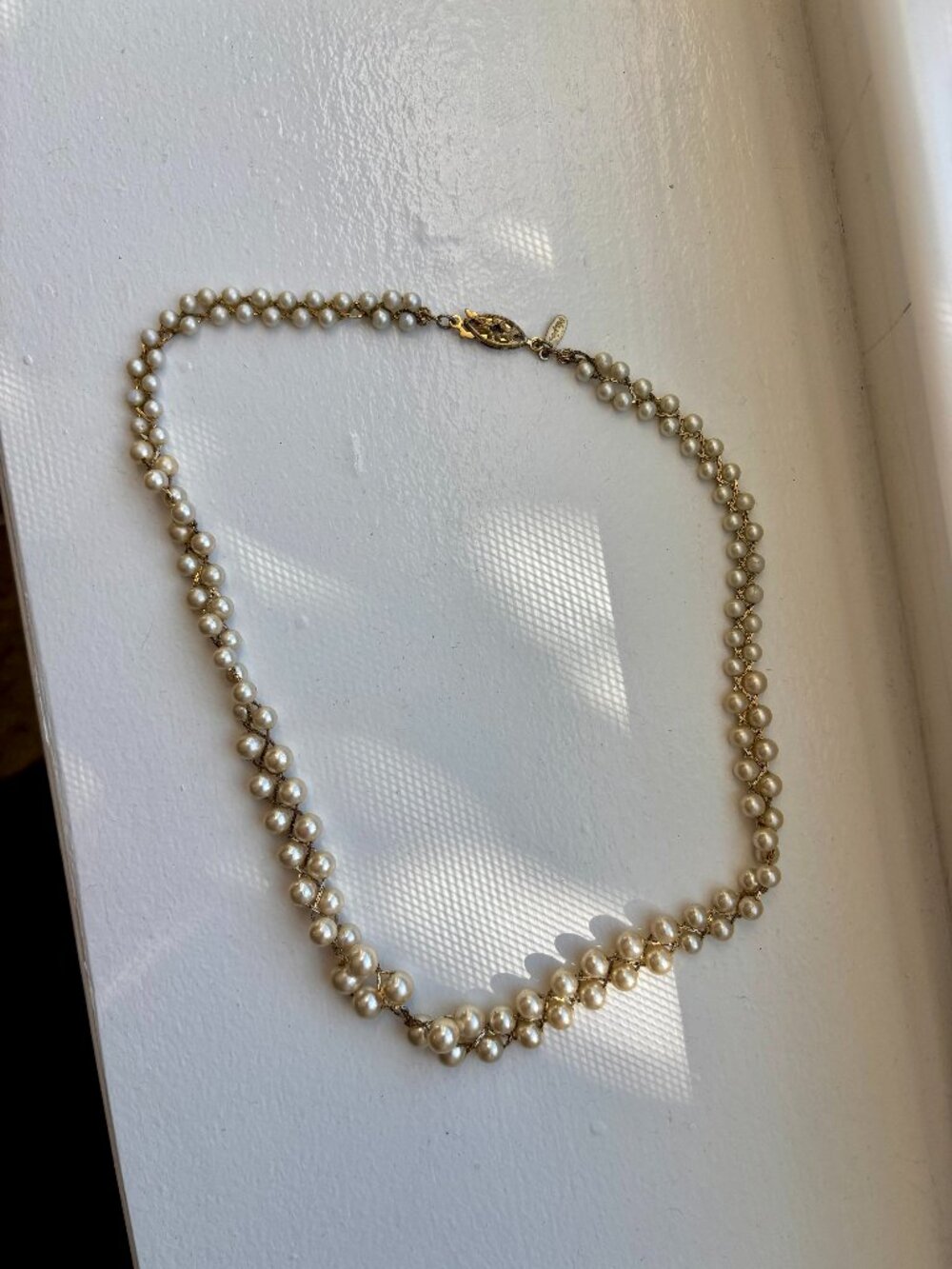 Napier Double Row Faux Pearl Necklace Gold Tone Woven Links Signed